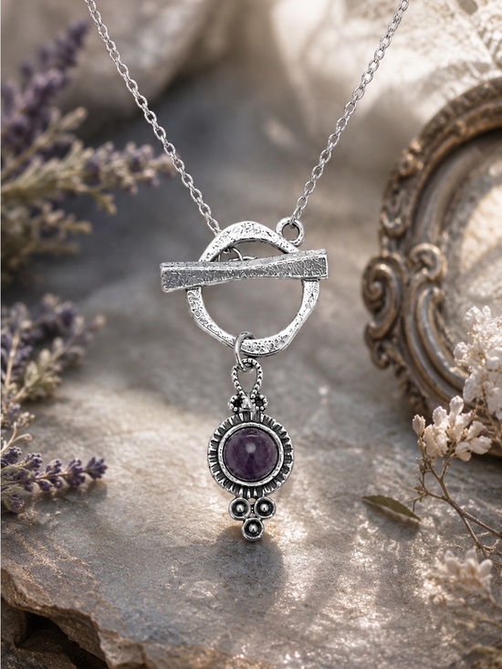 bee on the box Jewelry - Silver Toggle Necklace Purple Stone Artisan Necklace